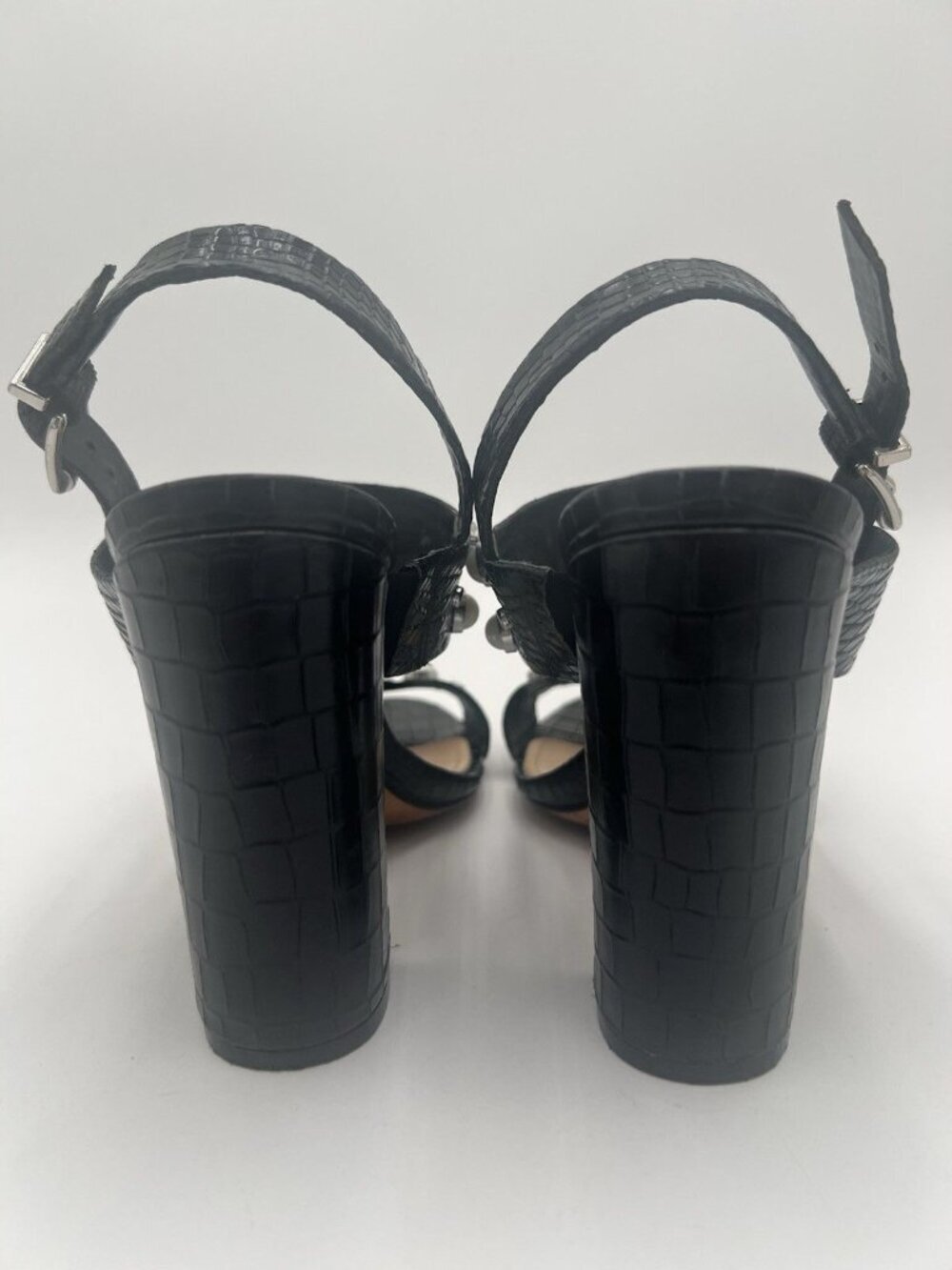 Schutz Zarita Sandals 8B Black Croc Embossed Leather Pearl Stud Slingback Heels - Picture 5 of 15